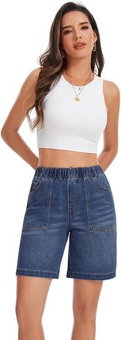 Metietila Pull-on Bermuda Shorts for Women High Waisted Elastic Waist Jean Shorts Baggy Summer 8 Inch Inseam Denim Jorts in Kuwait