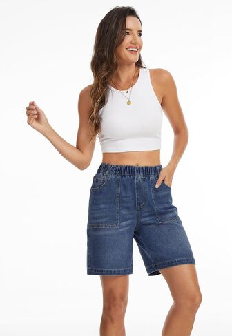 Metietila Pull-on Bermuda Shorts for Women High Waisted Elastic Waist Jean Shorts Baggy Summer 8 Inch Inseam Denim Jorts in Kuwait
