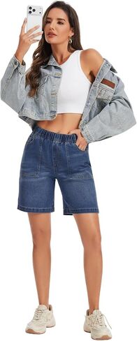Metietila Pull-on Bermuda Shorts for Women High Waisted Elastic Waist Jean Shorts Baggy Summer 8 Inch Inseam Denim Jorts in Kuwait