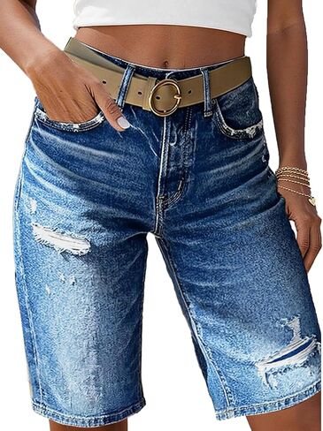 Flamingals High Rise Denim Bermuda Shorts for Women Stretchy Washed Ripped Casual Trendy Jean Shorts Without Belt in Saudi Arabia