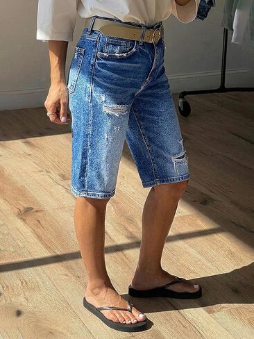 Flamingals High Rise Denim Bermuda Shorts for Women Stretchy Washed Ripped Casual Trendy Jean Shorts Without Belt in Saudi Arabia