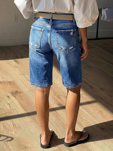 Flamingals High Rise Denim Bermuda Shorts for Women Stretchy Washed Ripped Casual Trendy Jean Shorts Without Belt in Saudi Arabia