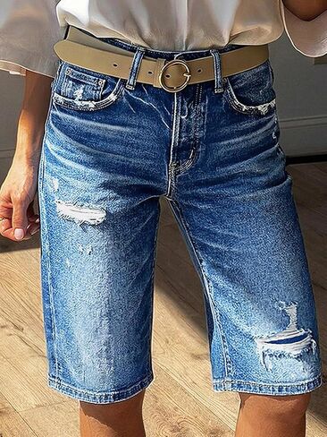 Flamingals High Rise Denim Bermuda Shorts for Women Stretchy Washed Ripped Casual Trendy Jean Shorts Without Belt in Saudi Arabia