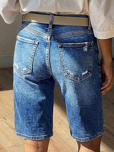 Flamingals High Rise Denim Bermuda Shorts for Women Stretchy Washed Ripped Casual Trendy Jean Shorts Without Belt in Saudi Arabia