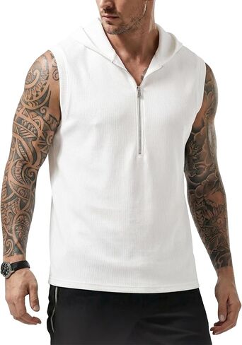 JMIERR Men's Quarter Zip Sleeveless Hoodie Ribbed Muscle Tank Top Gym Workout Vest in Kuwait