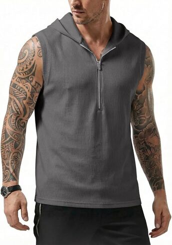 JMIERR Men's Quarter Zip Sleeveless Hoodie Ribbed Muscle Tank Top Gym Workout Vest in Saudi Arabia