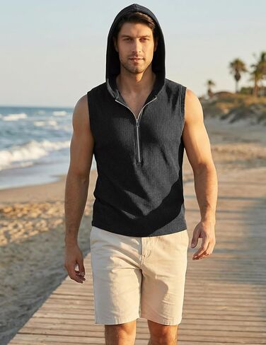 JMIERR Men's Quarter Zip Sleeveless Hoodie Ribbed Muscle Tank Top Gym Workout Vest in Saudi Arabia
