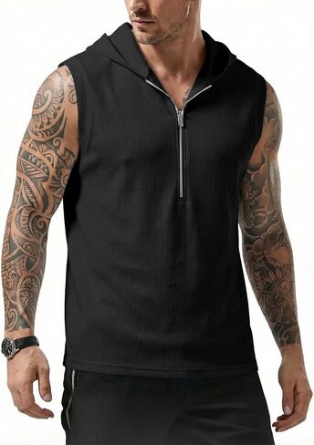JMIERR Men's Quarter Zip Sleeveless Hoodie Ribbed Muscle Tank Top Gym Workout Vest in Saudi Arabia