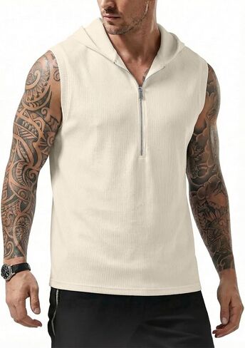 JMIERR Men's Quarter Zip Sleeveless Hoodie Ribbed Muscle Tank Top Gym Workout Vest in Saudi Arabia