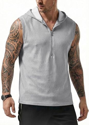 JMIERR Men's Quarter Zip Sleeveless Hoodie Ribbed Muscle Tank Top Gym Workout Vest in Saudi Arabia