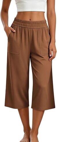 Womens Capri Pants Elastic Waist Casual Relaxed Fit Soft Lightweight Breathable Hiking Outdoor Summer Gym with Pockets in Kuwait