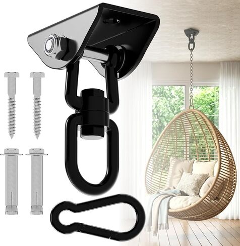 360°Rotating Hammock Hanging Kit, Heavy Duty 1200 lb Capacity Stainless Steel Hanging Swing Hooks, 1 Pack Swing Hanger for Yoga, Hammock Chair, Sandbag, Swing Sets(Black in Saudi Arabia