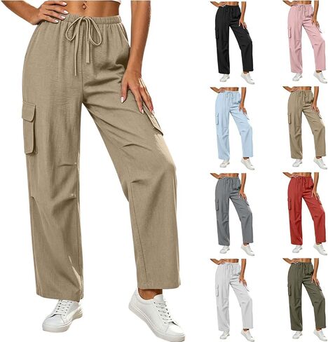 Sweatpants Women Drawstring Elastic Waisted Straight Leg Baggy Lightweight Outdoor Workout Gym Casual Trousers with Pockets in Kuwait