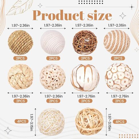 Suncalla 24 Pcs Decorative Balls Wicker Rattan Balls Assorted Bowl Vase Fillers Decorative Orbs for Vase Centerpiece Wedding Table Home Decor(White Series) in Kuwait