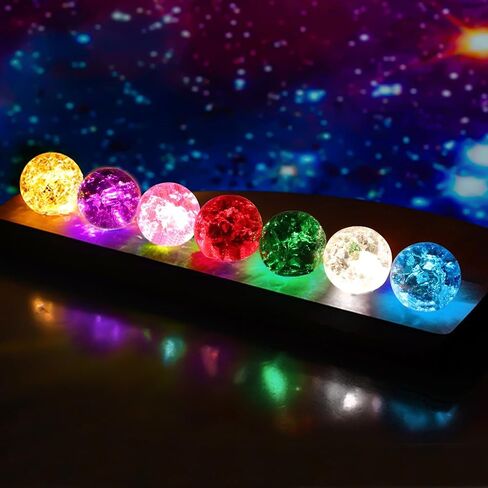 7 Colors 40mm Ice Cracked Balls with LED Wooden Stand, Ice Cracked Glass Crystal Chakra Balls Healing Sphere Balls Set for Meditation Positive Energy Night Light Home Decoration in Kuwait