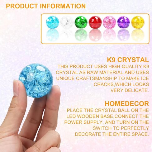 7 Colors 40mm Ice Cracked Balls with LED Wooden Stand, Ice Cracked Glass Crystal Chakra Balls Healing Sphere Balls Set for Meditation Positive Energy Night Light Home Decoration in Kuwait