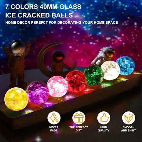 7 Colors 40mm Ice Cracked Balls with LED Wooden Stand, Ice Cracked Glass Crystal Chakra Balls Healing Sphere Balls Set for Meditation Positive Energy Night Light Home Decoration in Kuwait
