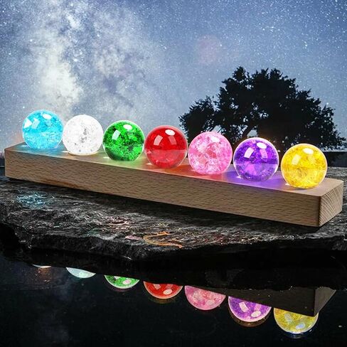 7 Colors 40mm Ice Cracked Balls with LED Wooden Stand, Ice Cracked Glass Crystal Chakra Balls Healing Sphere Balls Set for Meditation Positive Energy Night Light Home Decoration in Kuwait