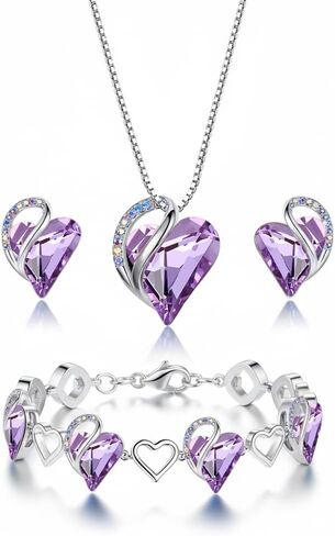 Leafael Necklace Gift Set for Women, Infinity Love Birthstone Heart Pendant with Matching Earrings and Bracelet, for Mom and Wife, Silver Plated in Kuwait