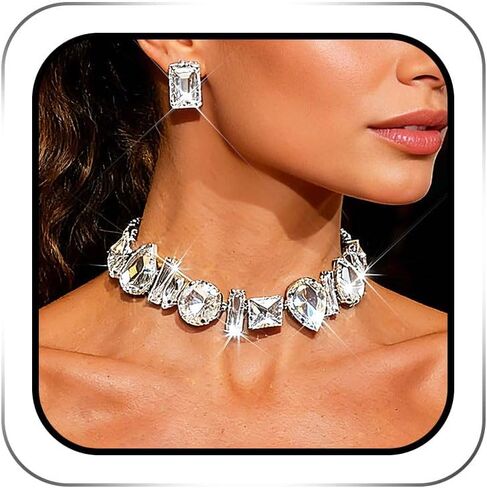 ACEDRE Diamond Choker Necklace Earrings Set Silver Large Rhinestone Jewelry Sets Prom Costume Accessories for Women in Kuwait