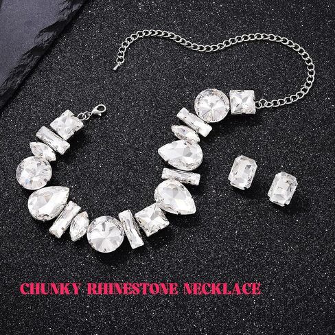 ACEDRE Diamond Choker Necklace Earrings Set Silver Large Rhinestone Jewelry Sets Prom Costume Accessories for Women in Kuwait