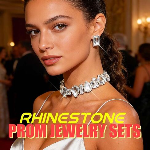 ACEDRE Diamond Choker Necklace Earrings Set Silver Large Rhinestone Jewelry Sets Prom Costume Accessories for Women in Kuwait