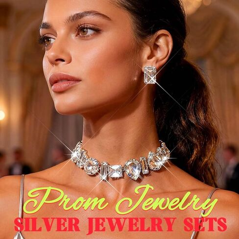 ACEDRE Diamond Choker Necklace Earrings Set Silver Large Rhinestone Jewelry Sets Prom Costume Accessories for Women in Kuwait