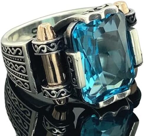 Man Silver Aquamarine Stone Ring, Blue Aquamarine Stone Ring, Vintage Men Ring, Turkısh Ottoman Men Ring, 925k Sterling Silver Ring in Kuwait