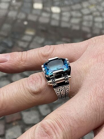 Man Silver Aquamarine Stone Ring, Blue Aquamarine Stone Ring, Vintage Men Ring, Turkısh Ottoman Men Ring, 925k Sterling Silver Ring in Kuwait