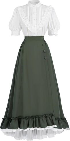 CR ROLECOS 1800s Victorian Dress for Women 2-Piece Ruffle Edwardian Dress Costume with Pockets in Saudi Arabia