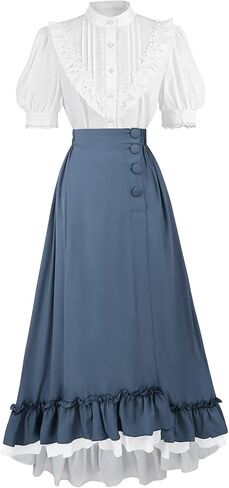 CR ROLECOS 1800s Victorian Dress for Women 2-Piece Ruffle Edwardian Dress Costume with Pockets in Saudi Arabia