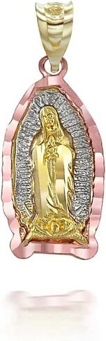 قلادة Dainty 10K ثلاثية الألوان من الذهب الأبيض والوردي والأصفر مقاس 1-1/8 بوصة سيدة غوادالوبي - اختر قلادة فقط أو قلادة مع سلسلة مقاس 16 بوصة - 22 بوصة in Kuwait