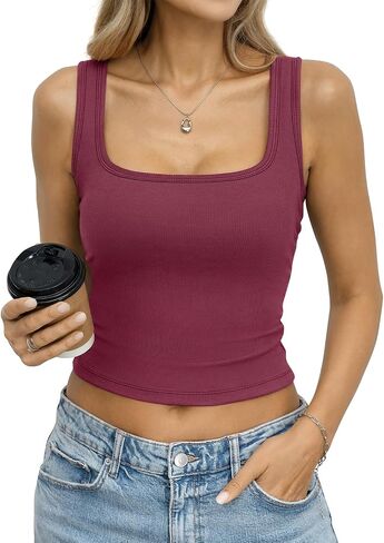 EasyGala Womens Built in Bra Ribbed Tank Y2k Crop Going Out Shirt Fitted Summer Square Neck Top Removable Pads Tank 2026 in Kuwait