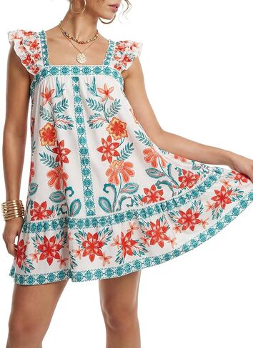 Rooscier Women's Floral Ruffle Square Neck Tie Back A Line Boho Beach Mini Sundress in Kuwait