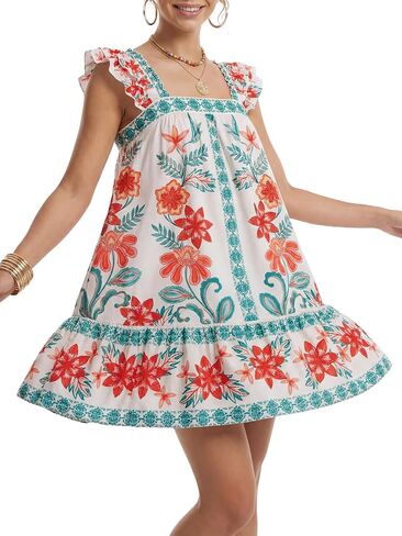 Rooscier Women's Floral Ruffle Square Neck Tie Back A Line Boho Beach Mini Sundress in Kuwait