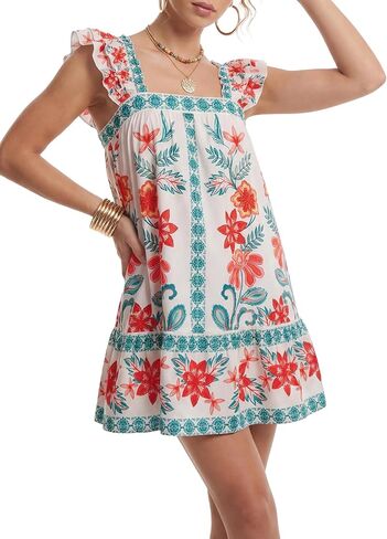 Rooscier Women's Floral Ruffle Square Neck Tie Back A Line Boho Beach Mini Sundress in Kuwait