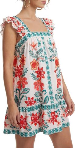 Rooscier Women's Floral Ruffle Square Neck Tie Back A Line Boho Beach Mini Sundress in Kuwait