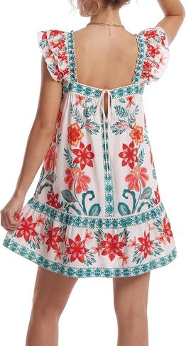 Rooscier Women's Floral Ruffle Square Neck Tie Back A Line Boho Beach Mini Sundress in Kuwait