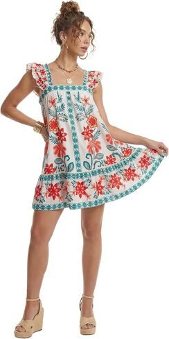 Rooscier Women's Floral Ruffle Square Neck Tie Back A Line Boho Beach Mini Sundress in Kuwait