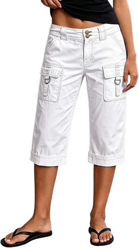 Flamingals Mid Rise Straight Leg Capri Pants for Women Solid Roll Hem Cargo Trendy Pants with Flap Pockets in Kuwait
