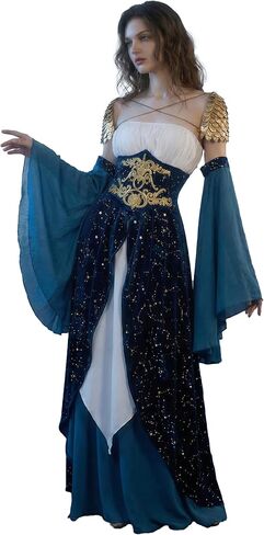 daizbella Women Medieval Renaissance Dress Elf Costume Velvet Gown with Scale Shoulder Armor in Kuwait