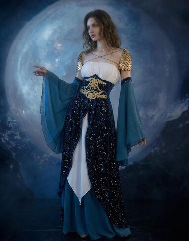 daizbella Women Medieval Renaissance Dress Elf Costume Velvet Gown with Scale Shoulder Armor in Kuwait