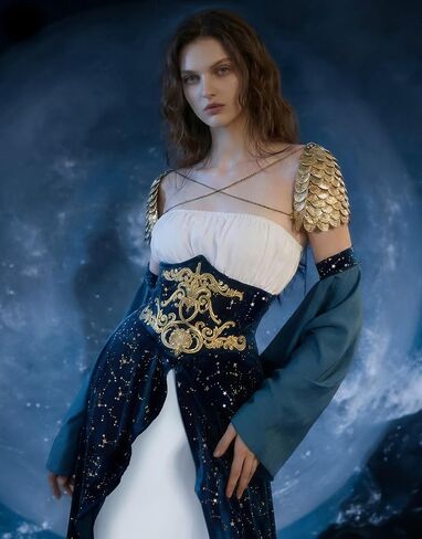 daizbella Women Medieval Renaissance Dress Elf Costume Velvet Gown with Scale Shoulder Armor in Kuwait