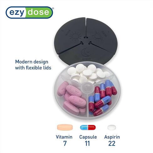 Ezy Dose Weekly (7-Day) Daily Pill Case, Medicine Planner, Vitamin Organizer Container, Compact Round Containers with Flexible Lids and Removable Compartments, 3 Times a Day, Soft Black, BPA Free in Kuwait