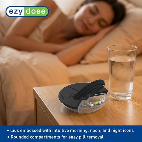 Ezy Dose Weekly (7-Day) Daily Pill Case, Medicine Planner, Vitamin Organizer Container, Compact Round Containers with Flexible Lids and Removable Compartments, 3 Times a Day, Soft Black, BPA Free in Kuwait