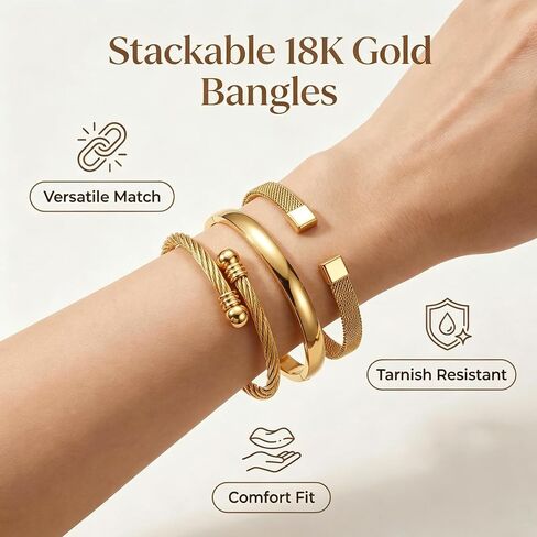 Waterproof Stackable Cuff Bracelets for Women Set of 3 - Non Tarnish Stainless Steel Bracelet Set, Adjustable Mesh, Cable Wire & Hinged Bangle Jewelry Gift in Kuwait
