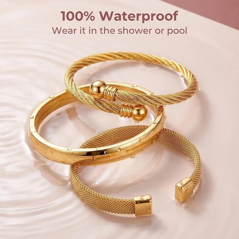 Waterproof Stackable Cuff Bracelets for Women Set of 3 - Non Tarnish Stainless Steel Bracelet Set, Adjustable Mesh, Cable Wire & Hinged Bangle Jewelry Gift in Kuwait