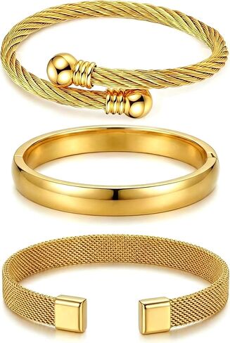 Waterproof Stackable Cuff Bracelets for Women Set of 3 - Non Tarnish Stainless Steel Bracelet Set, Adjustable Mesh, Cable Wire & Hinged Bangle Jewelry Gift in Kuwait