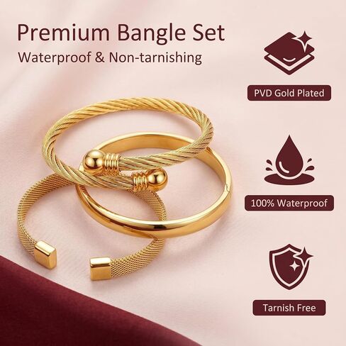 Waterproof Stackable Cuff Bracelets for Women Set of 3 - Non Tarnish Stainless Steel Bracelet Set, Adjustable Mesh, Cable Wire & Hinged Bangle Jewelry Gift in Kuwait