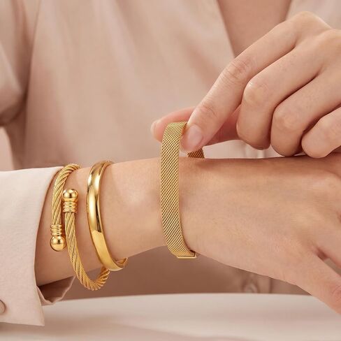 Waterproof Stackable Cuff Bracelets for Women Set of 3 - Non Tarnish Stainless Steel Bracelet Set, Adjustable Mesh, Cable Wire & Hinged Bangle Jewelry Gift in Kuwait
